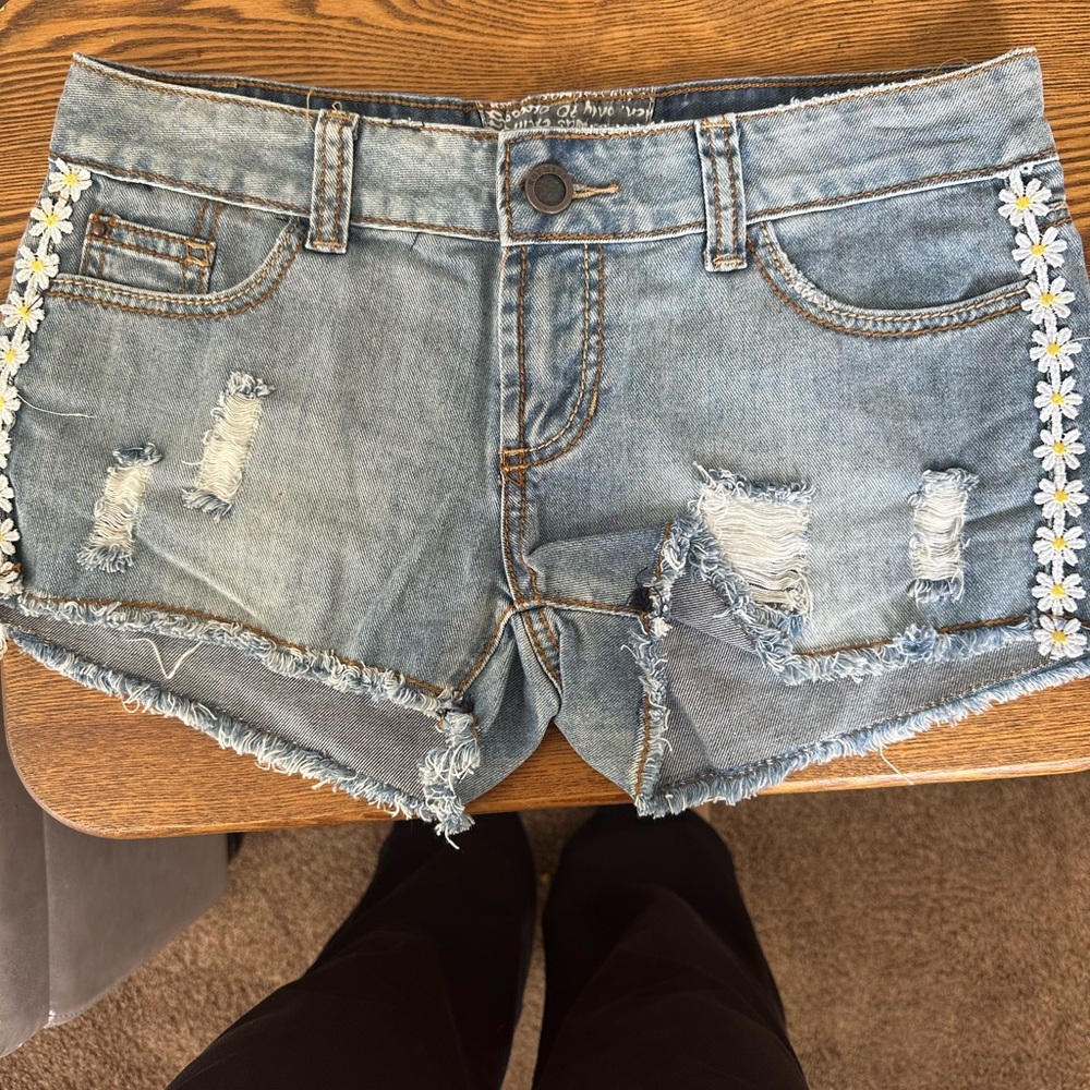 Hot Kiss Blue Jean Shorts with Distressed Lace Trim